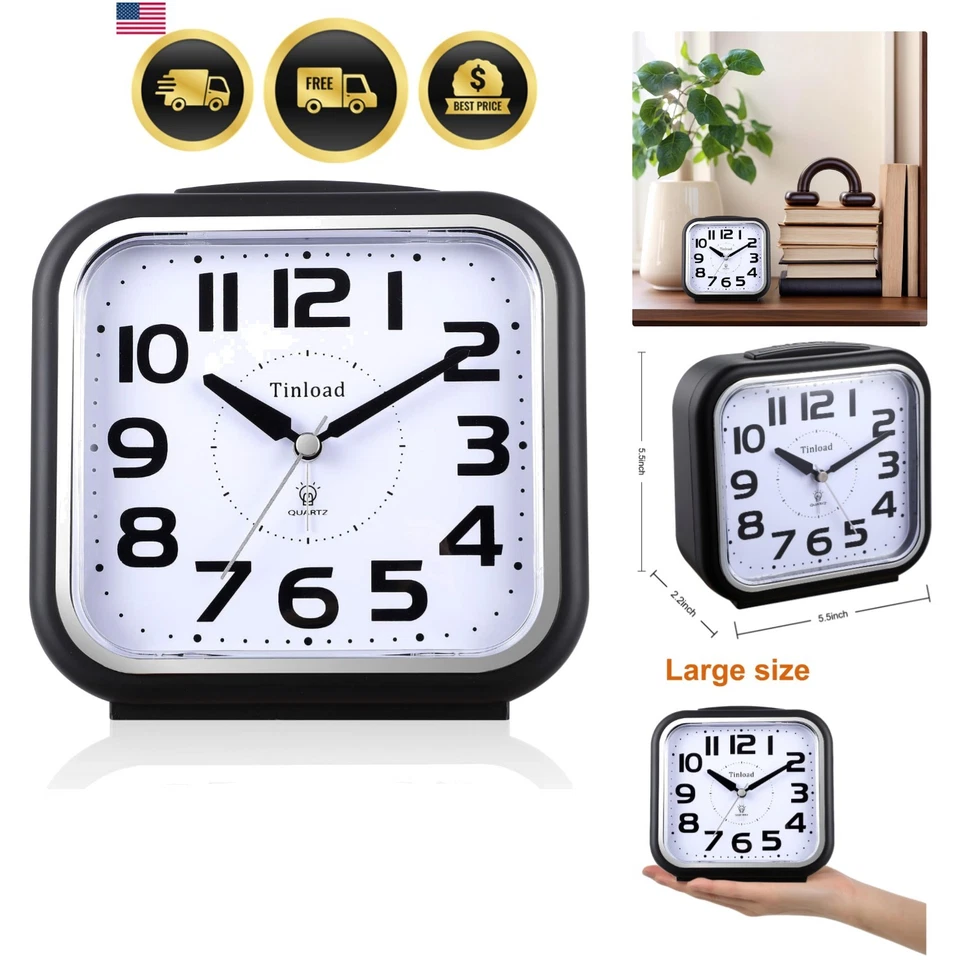 Analog Alarm Clock Silent Large Display Gentle Wake Snooze Battery Operated - Image 1 of 4