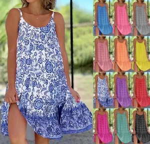 UK Summer Women Holiday Dress Boho Beach Sleeless Sun Dress slip dress plus size - Picture 1 of 25