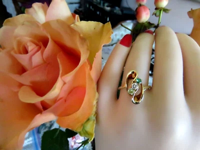 Anillo de cóctel vintage❤️diamante/esmeralda/peridoto de oro amarillo sólido de 14 talla 8,5 * 3,7 gr Foto 1 de 4
