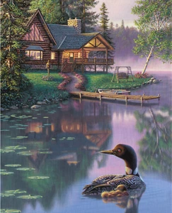 Lake House Summer Memories Loon Landscape Quilting Fabric Panel 36“ x 44” - Picture 1 of 3