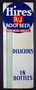 Letrero publicitario de lata de refresco en relieve vintage contrata cerveza de raíz para jugos reales era de 1930 - Imagen 1 de 7