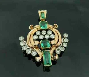 Ciondolo vintage stile antico smeraldo e diamanti creati in laboratorio oro giallo 14 kt FN - Foto 1 di 10