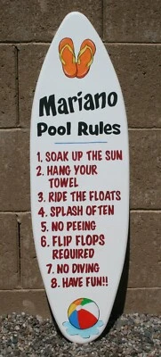 Surfboard wall art, personalized surfboard, pool rules sign, outdoor sign Foto 1 de 4