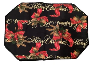4 Vintage Placemats Merry Christmas Black Red Gold Ribbon Holly Berries - Picture 1 of 5