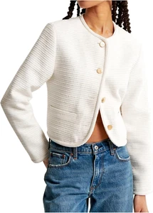 Women'S Tweed Jackets Long Sleeve Crew Neck Button down Cropped Jacket Coat with - Picture 1 of 5