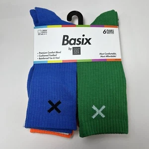 BASIX ODD SOX 6 Pairs Men's Multicolor Blue Green Orange Crew Socks Size 8-12 - Picture 1 of 6