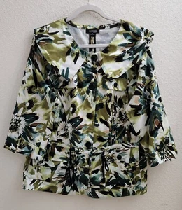 Elementz Green & White Collared Button Up Cotton Floral 3/4 Sleeve Jacket sz 1X - Picture 1 of 7
