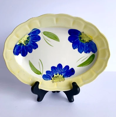 Placa ovalada pintada a mano corona mayólica amarillo azul flor Japón 10,5" de colección Foto 1 de 4