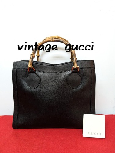 GUCCI Borsa a mano vintage bambù tote bag 002 1186 pelle nera x oro ferramenta