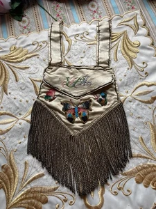 Antique Embroidered Beadwork Silk Bag/Butterfly Design/Caterpillar Tassels - Picture 1 of 4