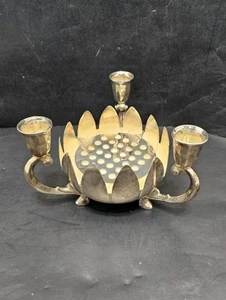 Silver Plated Lotus Flower 3 Candle Holder w/ Flower Frog Center ~ Made in Italy - Picture 1 of 12