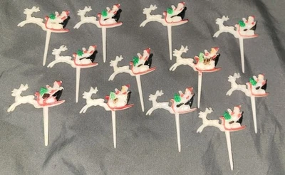 12*Vintage*Cupcake Picks*Santa Sleigh*Reindeer - Image 1 of 4