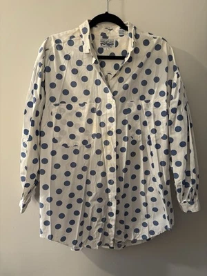 Camisa vintage para mujer Perry Ellis talla L con botones 100 % algodón azul lunares Foto 1 de 4