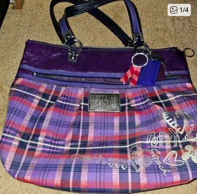 COACH Poppy Plaid Glam Tote Purple Patent leather Trim HandBag F1082 15886 - Image 1 of 4