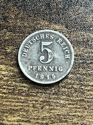 1915 Germany 5 Five Pfennig Deutsches Reich Empire Iron WWI Actual Coin TB8592* - Image 1 of 2