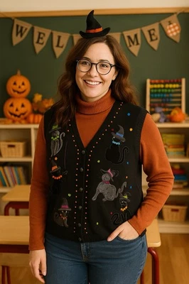 Karen Scott Sweater Vest Womens XL Plus Halloween Cats Witch Applique Black Knit - Image 1 of 4