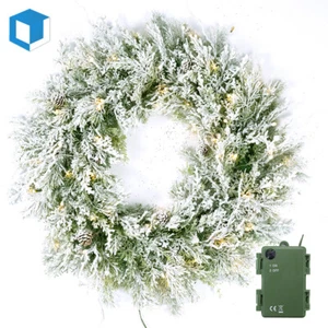 24" Pre-Lit Snow Flocked Christmas Wreath with Warm White LED Lights for Decor - Picture 1 of 9