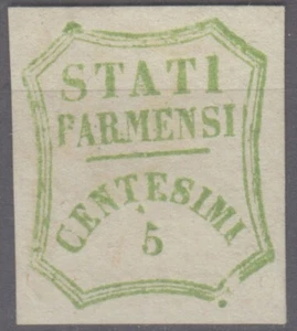 PARMA 1859 5 CENTESIMI VERDE GIALLO N.13 G.O MLH* CERT. AMPI MARGINI - Foto 1 di 3
