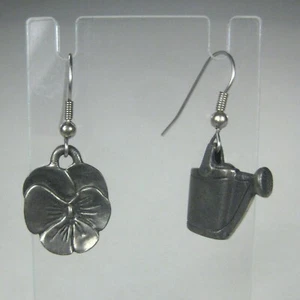 PP Garden Pansy Watering Can Earring Pierced 1.5 in Jewelry Pewter Hook - Picture 1 of 4
