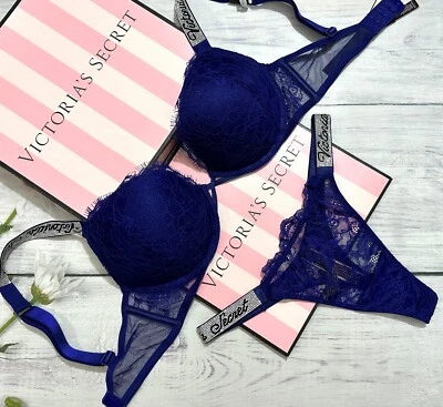 Victoria's Secret Bombshell Encaje Push Up Sujetador Brillo Correa Tanga Conjunto Noche Océano Foto 1 de 4