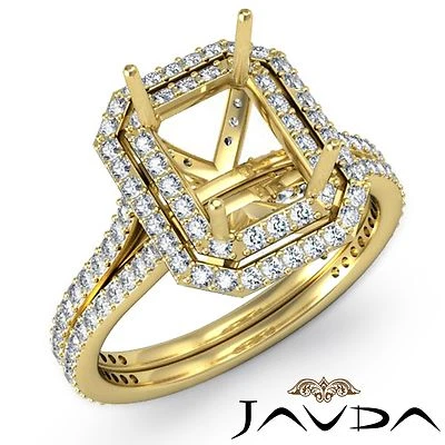 2 Row Halo Diamond Engagement Emerald Cut 1.6Ct Semi Mount Ring 14k Yellow Gold - Image 1 of 4