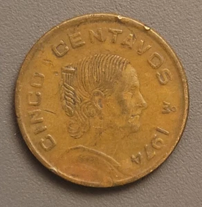 1974 Mo Mexico 5 Centavos Coin - Brass - Josefa Ortiz de Dominguez - Picture 1 of 2