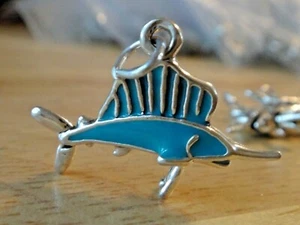 Sterling Silver 3D 16x24mm Blue Enamel Marlin Sailfish Fish Swordfish Charm - Picture 1 of 6