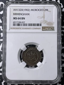 AH 1320 (1902-Birmingham) Morocco 2 Mazunas NGC MS64BN Lot#G9486 Top Graded! - Picture 1 of 3