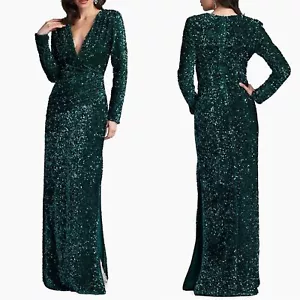NEW NWT Tadashi Shoji Sequined Surplice Body-Gown Maxi Gown In Cerulean SIZE L - Picture 1 of 14