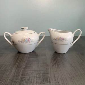 Vintage Shelby China BONAIRE 2286 Sugar Bowl LID & Creamer Floral Platinum Trim - Picture 1 of 12