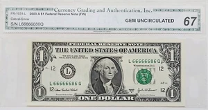 Fr. 1931 L $1 2003 Federal Reserves Note, GEM UNC 67. SERIAL Near SOLID 66666666 - Picture 1 of 1
