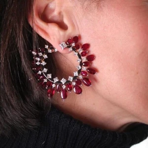 Large Hoop Statement Earrings lab created 925 Sterling Silver Red Ruby Gemstone - Picture 1 of 7