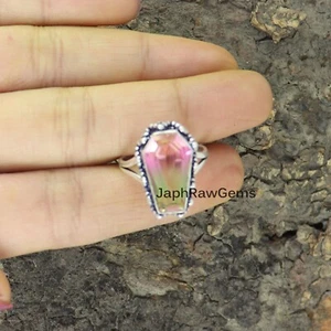 Watermelon Tourmaline Sterling Silver Coffin Ring Handmade Gemstone Women Ring - Picture 1 of 4