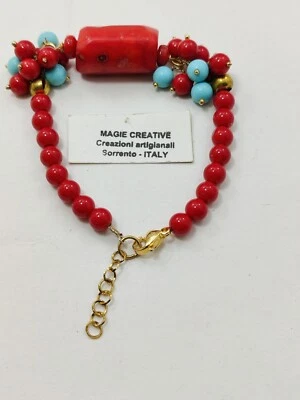 Bracciale Donna  In Corallo Bambù e Turchese, Misura Regolabile 18/22,  - Immagine 1 di 2