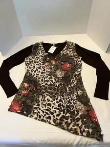 ALBERTO MAKALI WOOL BLEND BROWN ANIMAL PRINT SWEATER ASYMMETRICAL HEM Pet Large - Picture 1 of 6