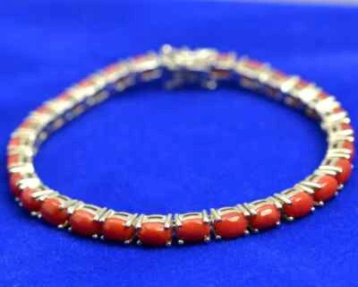 Red Coral Gemstone Bracelet 925 Sterling Silver Tennis Bracelet Gift For Love - Image 1 of 4