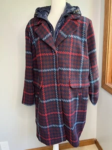 Isaac Mizrahi Coat 18 W Plus Mid Length Dress Women's Blue Red Plaid Lined Hood - Picture 1 of 16
