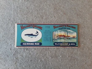 Vintge Tin Can Label VALLIANTS DELIGHT Herring Roe Fish Bellevue MD Packin House - Picture 1 of 6