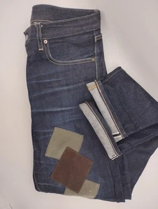 Uniqlo Selvedge Japanese Denim Jeans Slim Fit Straight Low Rise Patch Work 33x22 - Picture 1 of 12