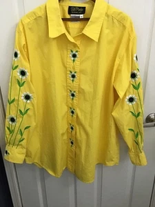 Camicetta donna Bob Mackie indossabile arte gialla ricamata fiori L/S bottoni 1X - Foto 1 di 6