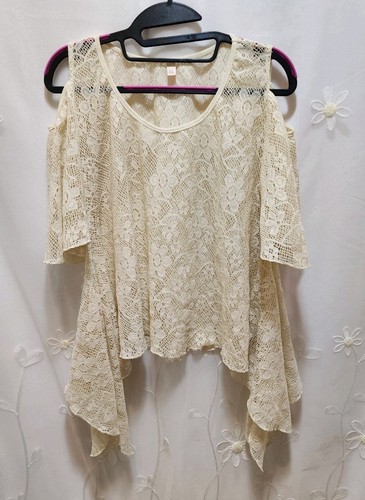 OFF WHITE Camicetta donna XL bianco sporco asimmetrica svolazzante manica spalle fredde boho cottage