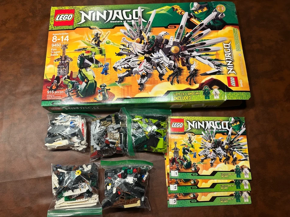 LEGO NINJAGO: Epic Dragon Battle (9450) - Caja + Manual, Sin serpientes, 4 piezas rotas Foto 1 de 4