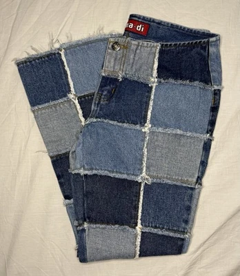 Pantalones de mezclilla Zana Di para mujer 7 azules retazos deshilachados acampanados 100 % algodón boho Y2K retro Foto 1 de 4