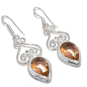 Peach Morganite Gemstone Handmade 925 Sterling Silver Jewelry Earrings Sz 1.7" - Picture 1 of 1