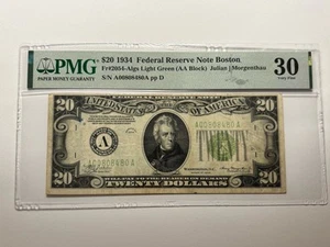 1934 Boston $20 Light Green AA Block Federal Reserve Note PMG-30 Very Fine - Picture 1 of 9