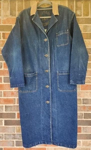 VTG Wrangler Western Corduroy Collar Blue Denim Duster Trench Work Coat Large - Picture 1 of 9