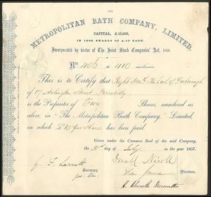 Metropolitan Bath Company Limited, £10 shares, 1857 - Picture 1 of 1