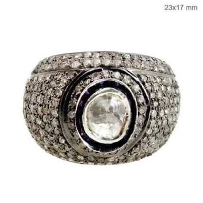 Anillo de compromiso abovedado hecho a mano con diamantes talla rosa joyería de plata 925 Foto 1 de 3