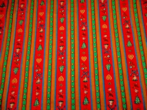 Christmas Fabric 1 7/8 Yard Tree Star Red Grn Blue Metallic Stripe Cotton Vtg #C - Picture 1 of 2