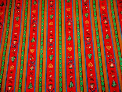 Christmas Fabric 1 7/8 Yard Tree Star Red Grn Blue Metallic Stripe Cotton Vtg #C - Image 1 of 2